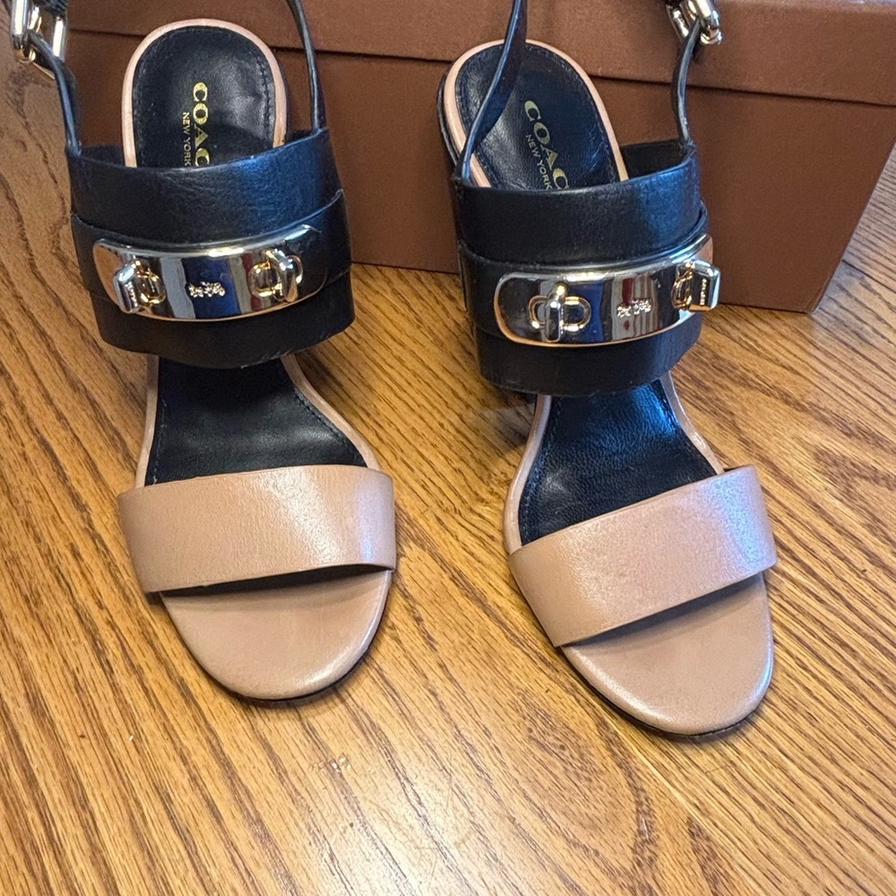 Coach Black and Tan leather Sandals with Gold Accents